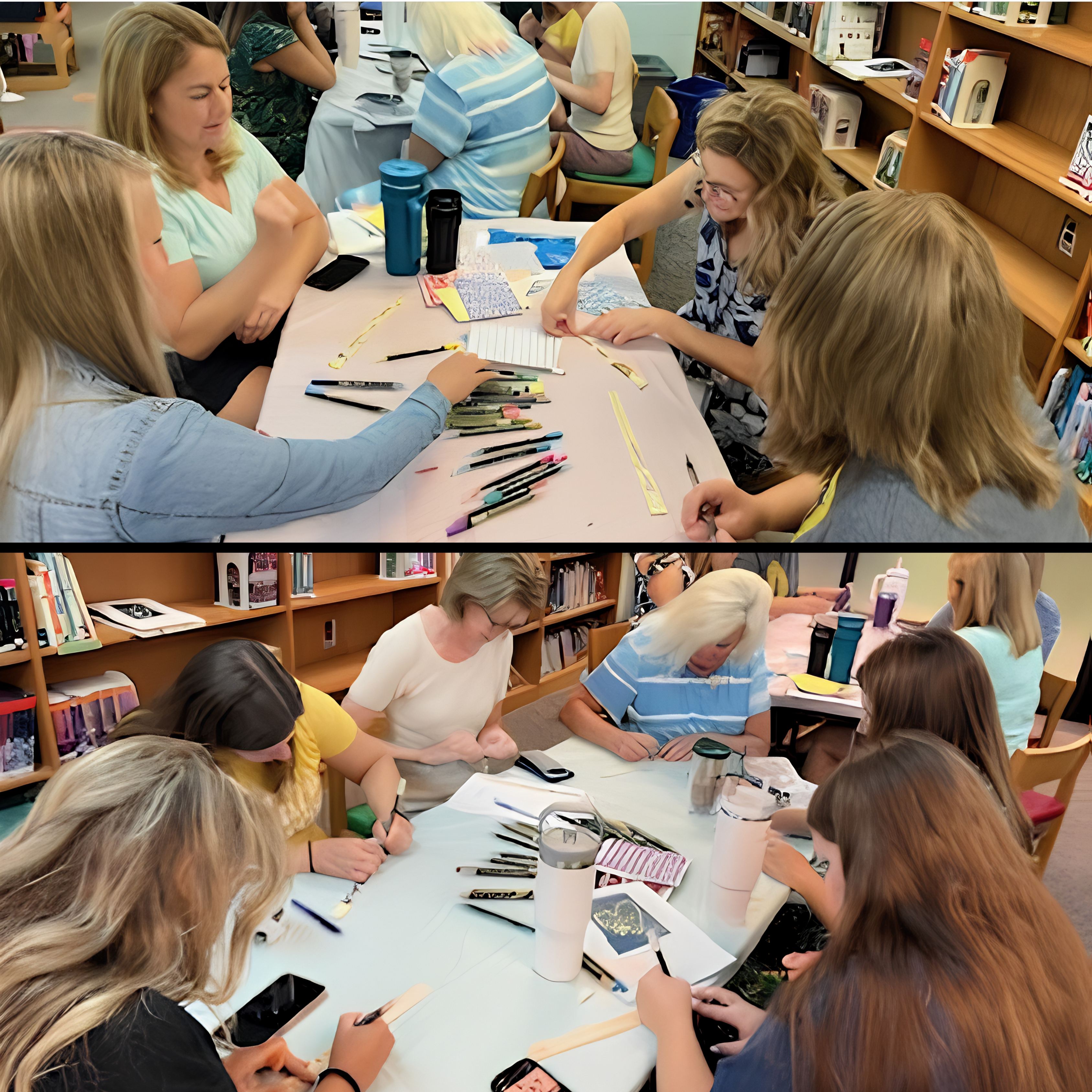 Teachers gathered in circles at table using acrylic pens and markers to design their talking sticks.